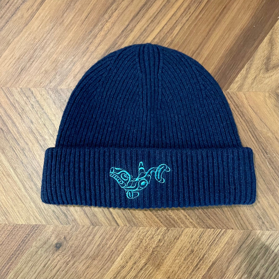 Blue wool winter hat with embroidered Killer Whale design by Haida artist Jesse Brillon