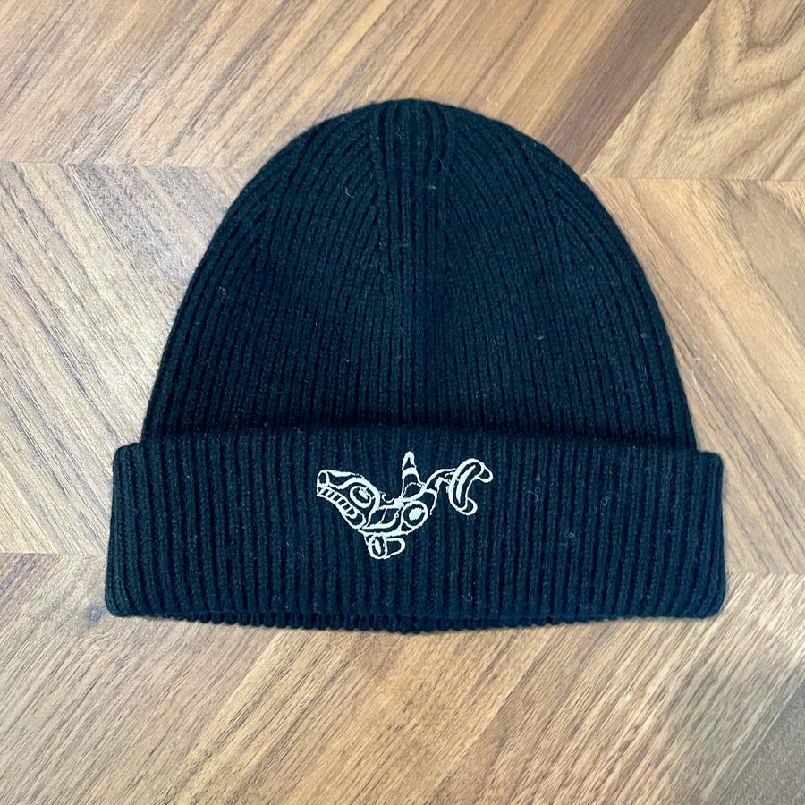 Black wool winter hat with embroidered Killer Whale design by Haida artist Jesse Brillon