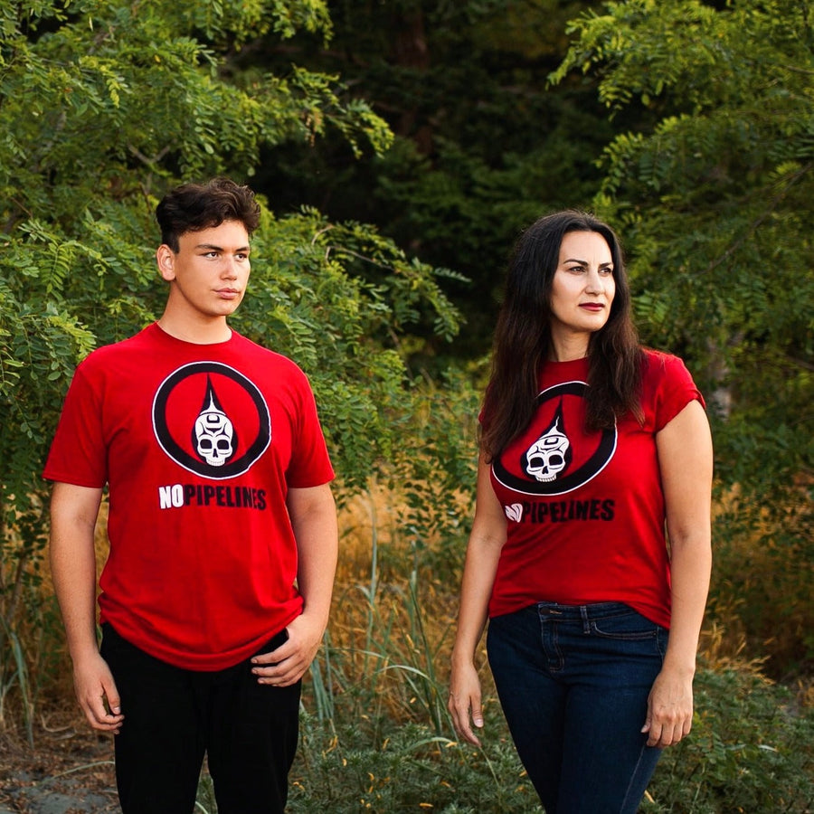 Unisex t-shirt called No Pipelines by indigenous artist Andy Everson
