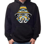 Model wearing unisex hoodie called Idle No More by indigenous artist Andy Everson