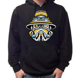 Model wearing unisex hoodie called Idle No More by indigenous artist Andy Everson