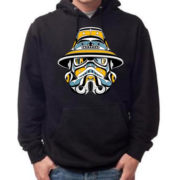 Model wearing unisex hoodie called Idle No More by indigenous artist Andy Everson