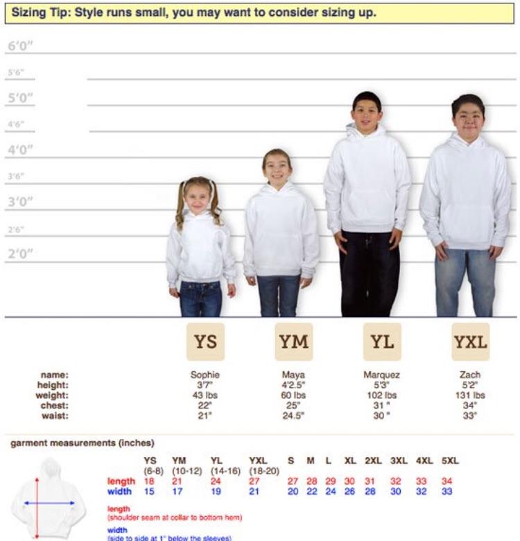 Size chart of unisex apparel hoodie called Idle No More by indigenous artist Andy Everson
