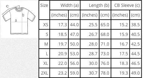Size chart of T-shirt called Northern Warrior by indigenous artist Andy Everson
