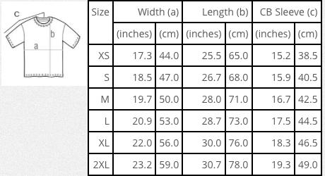 Size chart of T-shirt called Northern Warrior by indigenous artist Andy Everson