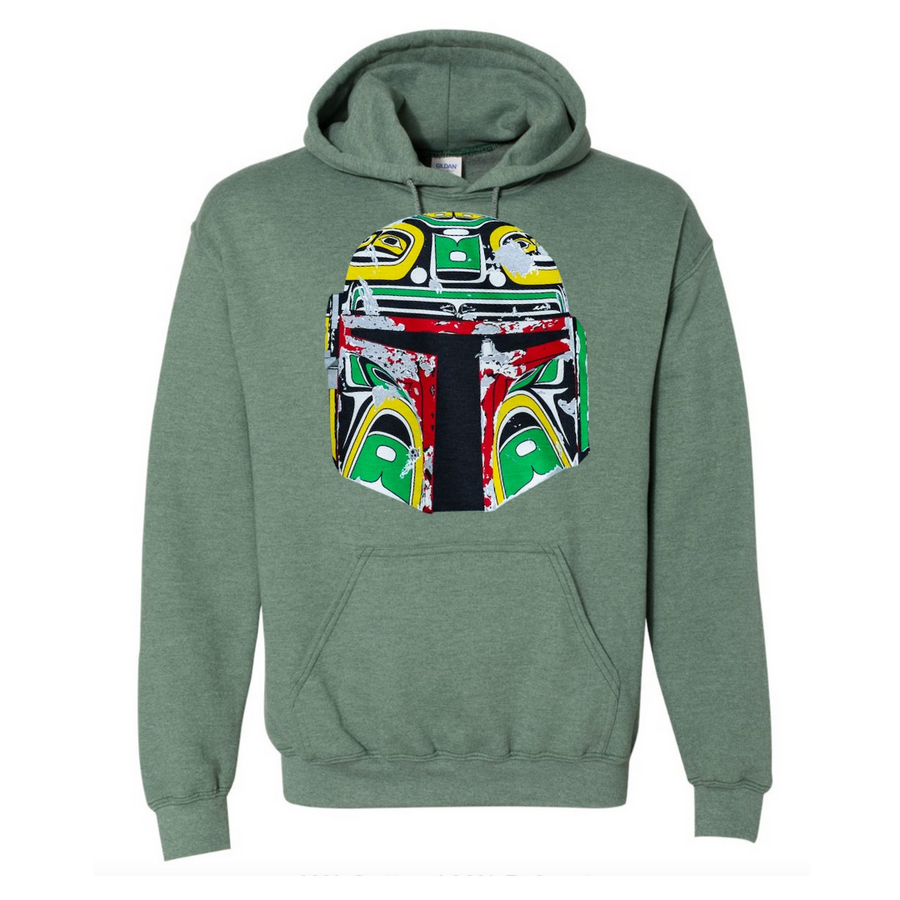 Front view of unisex hoodie called Resilience by indigenous artist in green