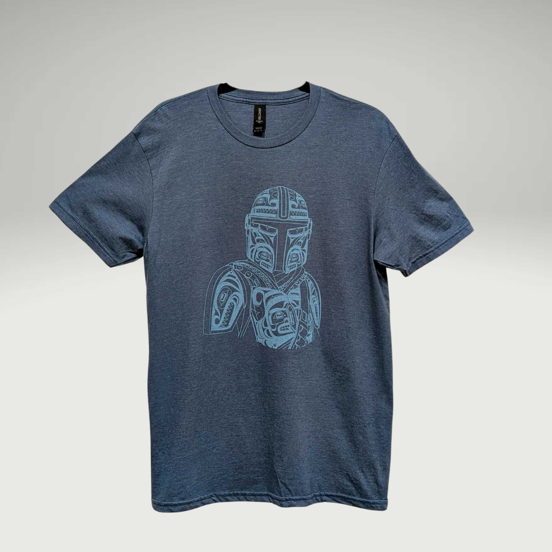 A heathered blue crewneck t-shirt featuring a light blue graphic on the front, 