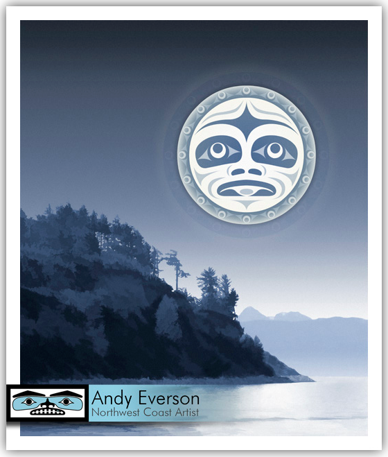 Native fine art print called Under a Salish Moon by indigenous artist Andy Everson