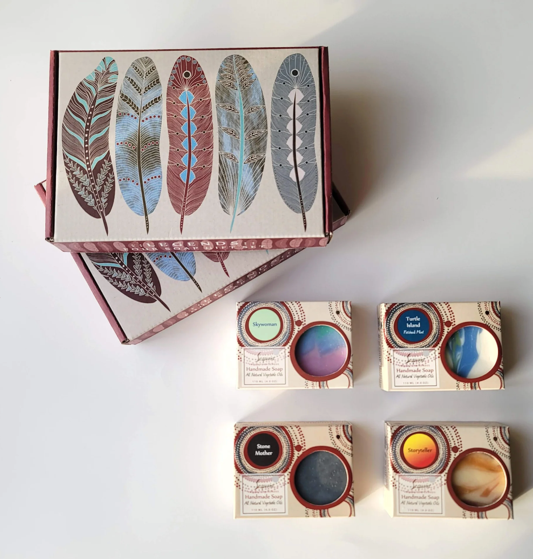 Close up of Sequoia soap sets by indigenous artist