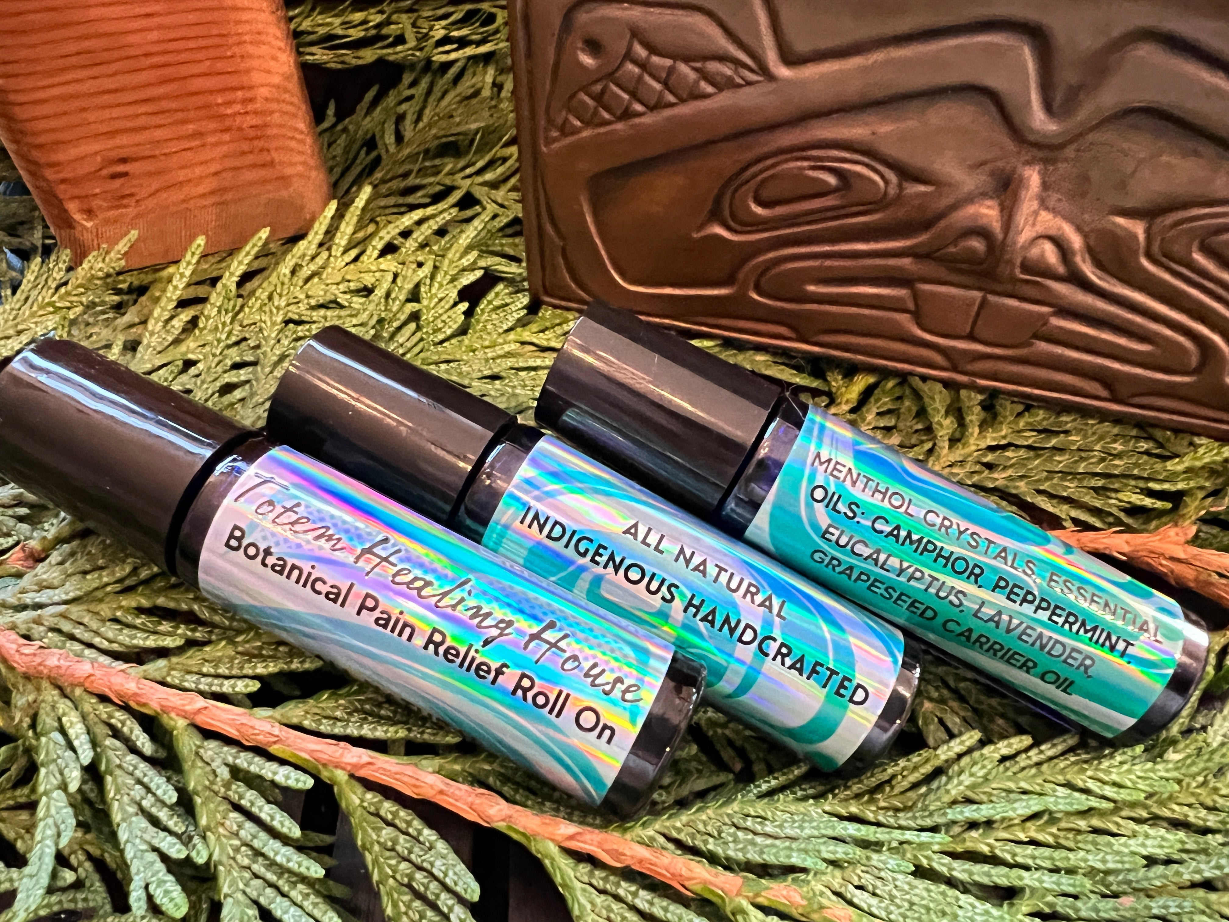 Close up of botanical pain relief roll on by indigenous artist 2