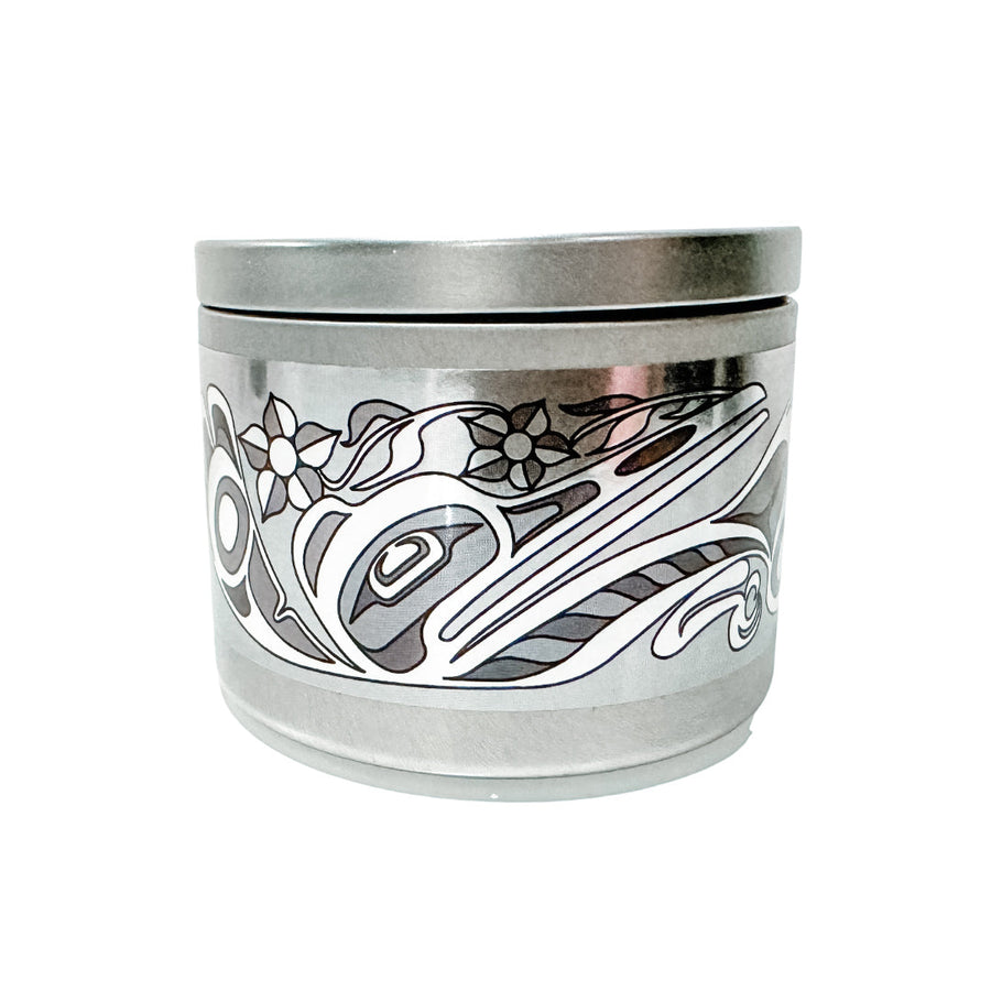 Close up of Illuminated Intentions candle collection by indigenous artist silver design