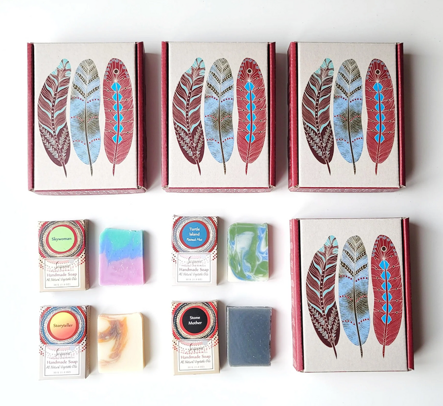 Close up of Sequoia soap gift sets by indigenous artist