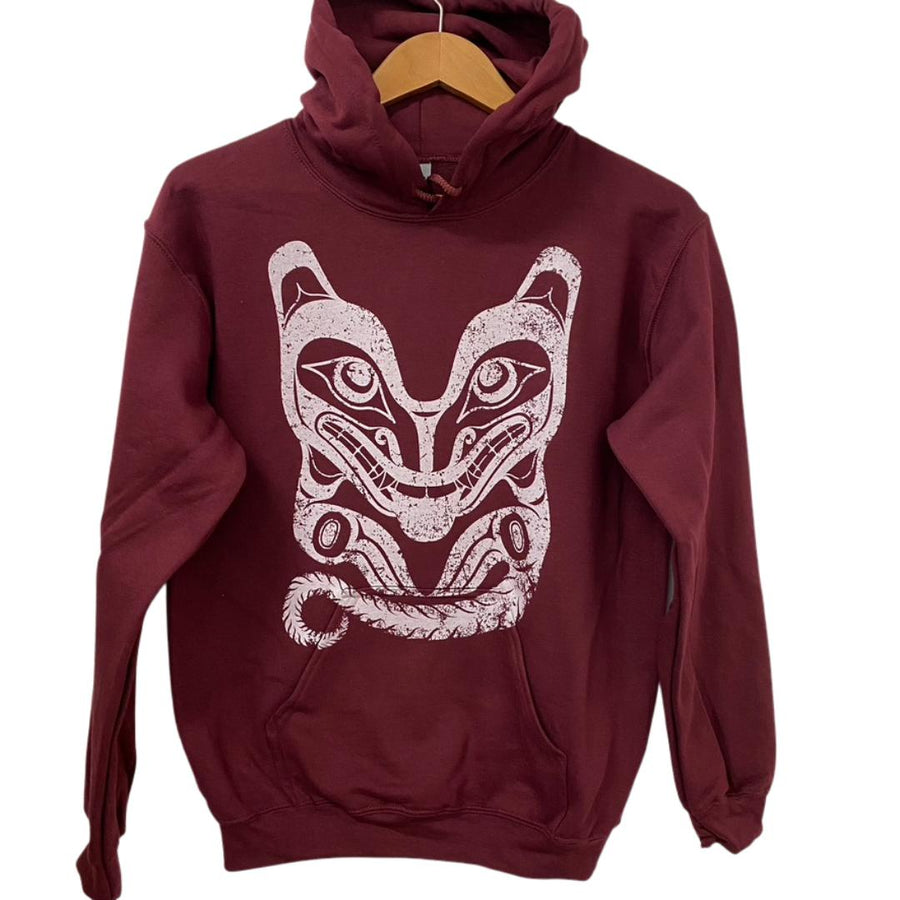 Unisex hoodie called wolf by indigenous artist  in maroon