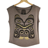 Womens cap-sleeve bamboo top by indigenous artist featuring a bear front view