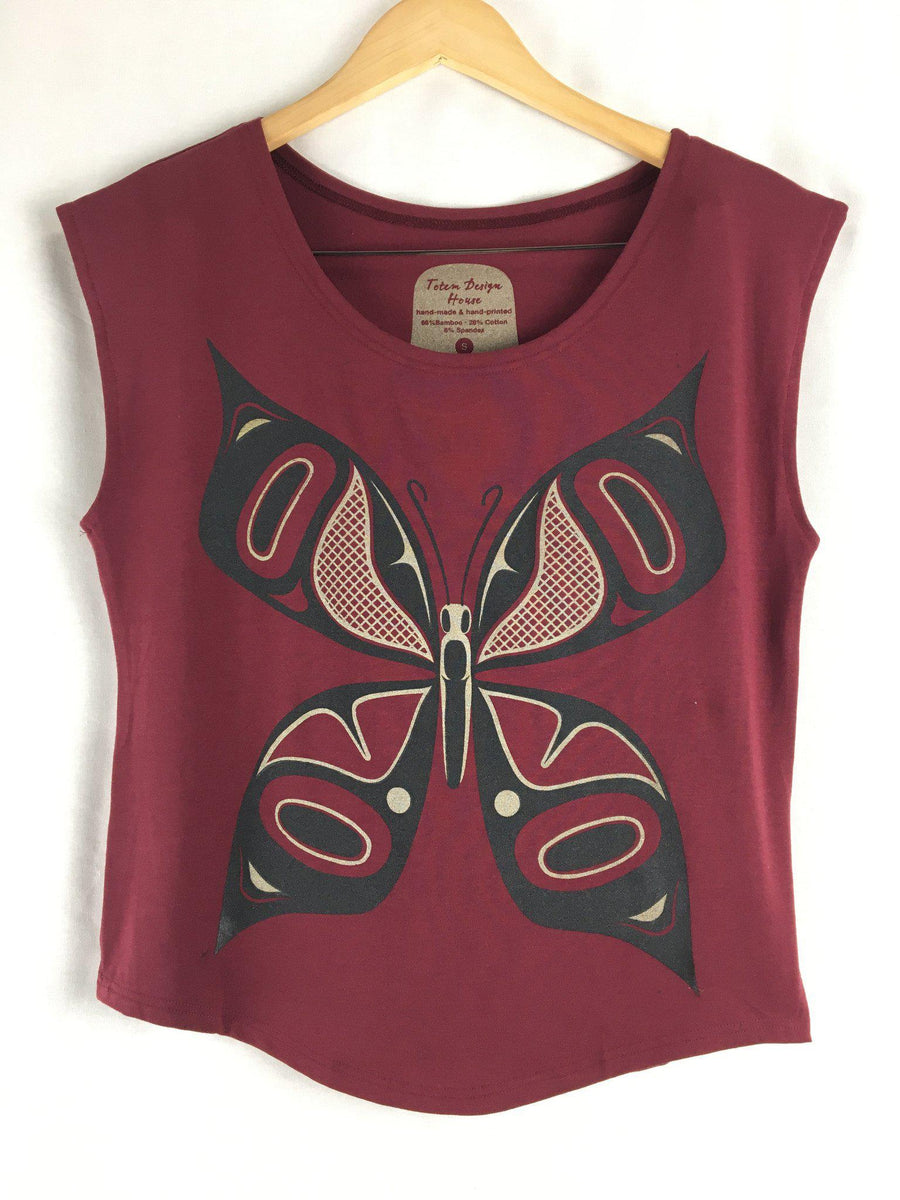 Womens cap-sleeve bamboo top by indigenous artist featuring a butterfly