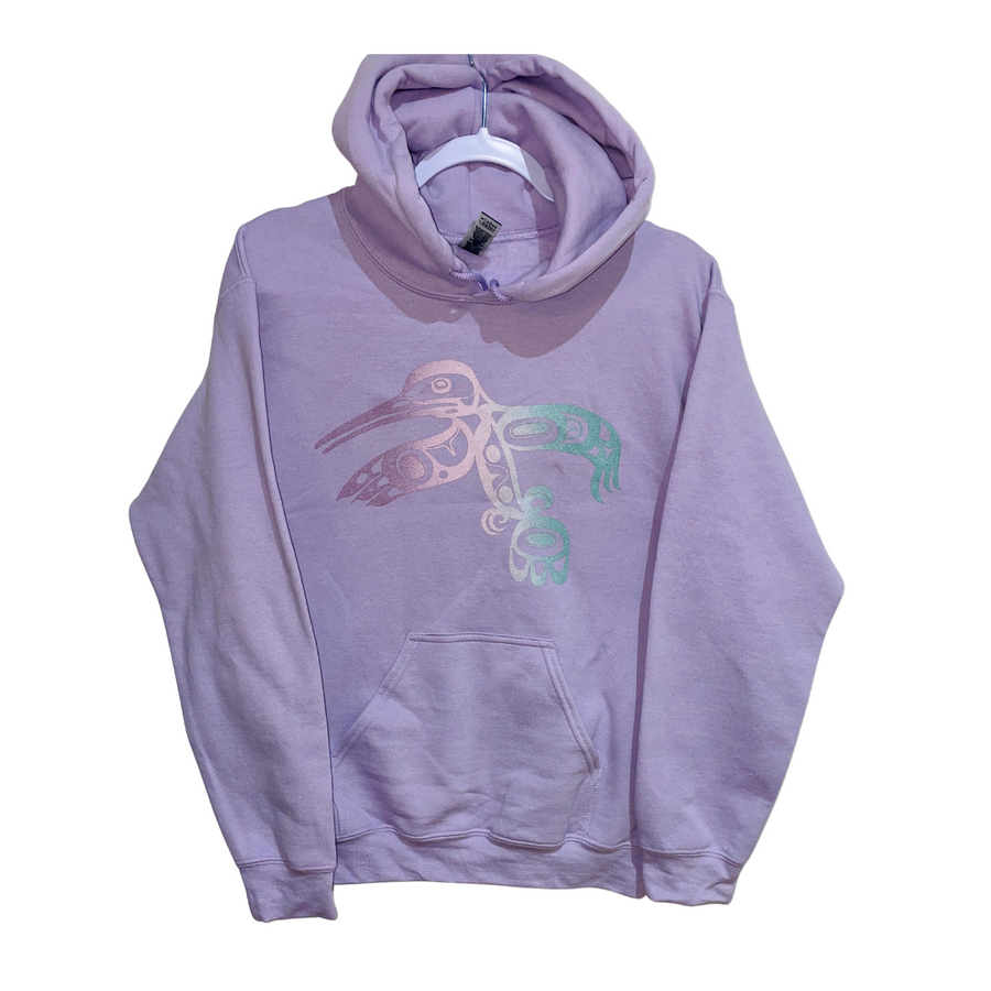 Hummingbird design by Haida artists Jesse Brillon. Limited edition. Eco-friendly bamboo cotton blend womens relaxed fit Lilac color hoodie and hand-printed in our K'omoks Studio