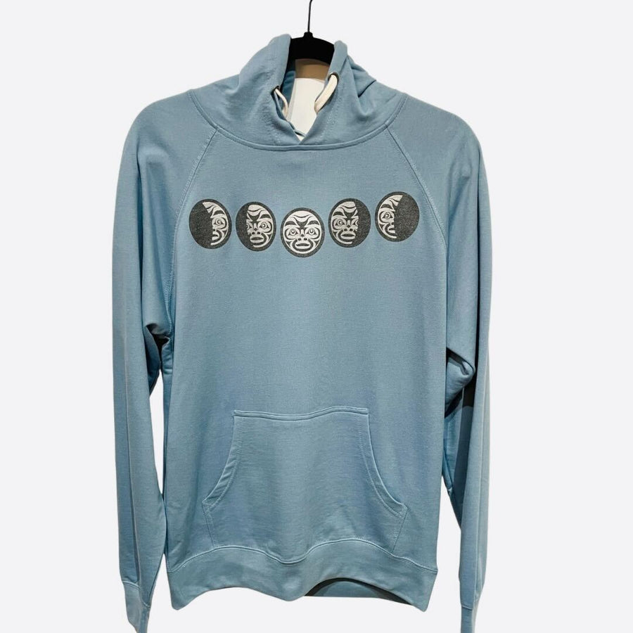 Womens hoodie created by indigenous artist called moon phase in blue