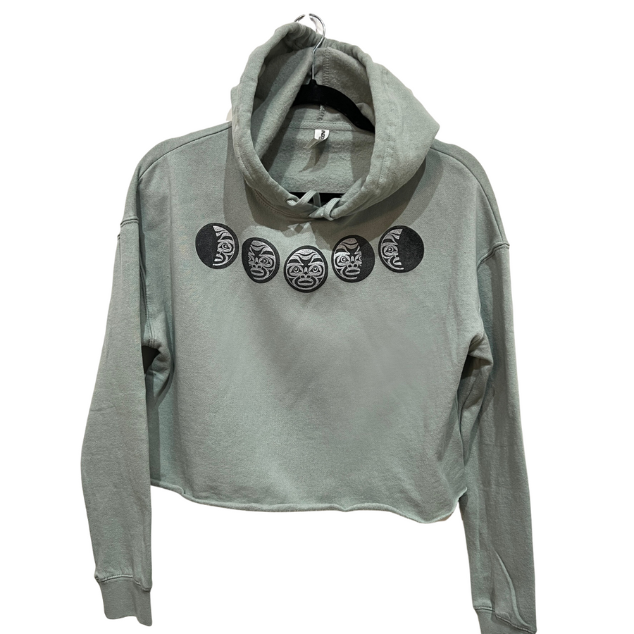 Front view of womens hoodie created by indigenous artist called moon phase in grey