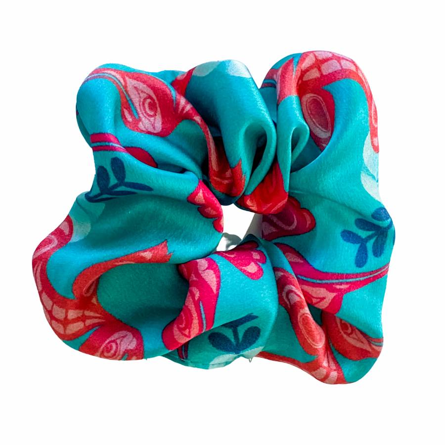 womens scrunchies created by indigenous artist in multi colored pink and teal