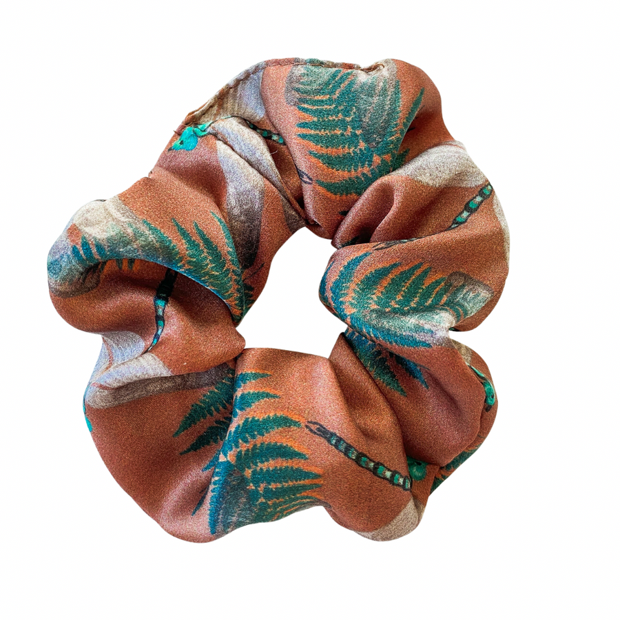womens scrunchies created by indigenous artist in multi colored grey and pink