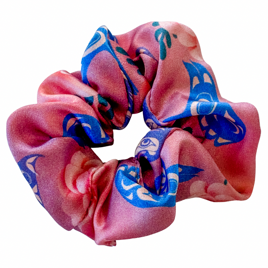womens scrunchies created by indigenous artist in multi colored pink and purple