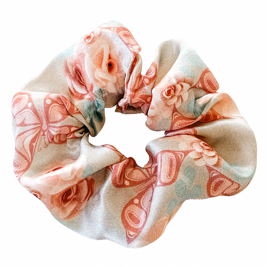 womens scrunchies created by indigenous artist in multi colored white and pink