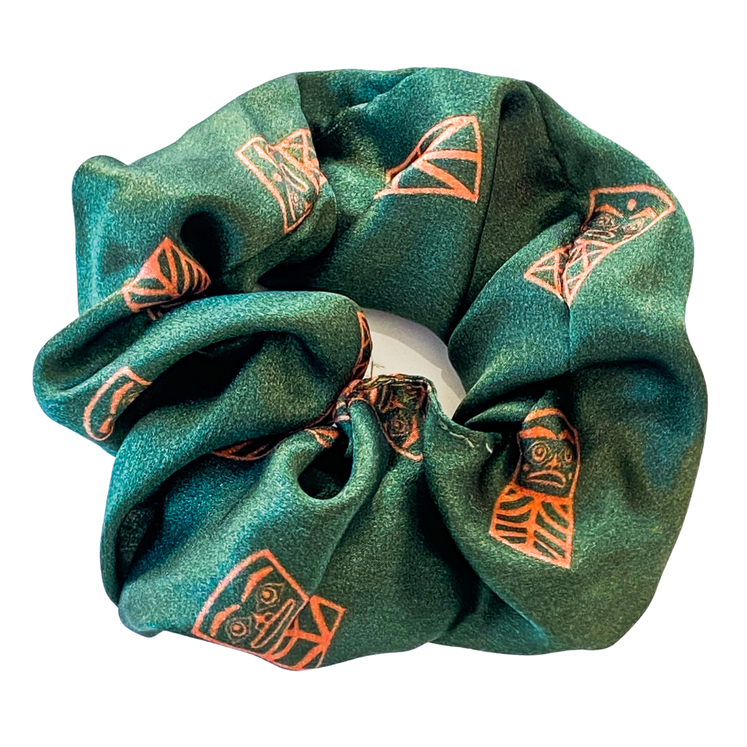 womens scrunchies created by indigenous artist in multi colored green