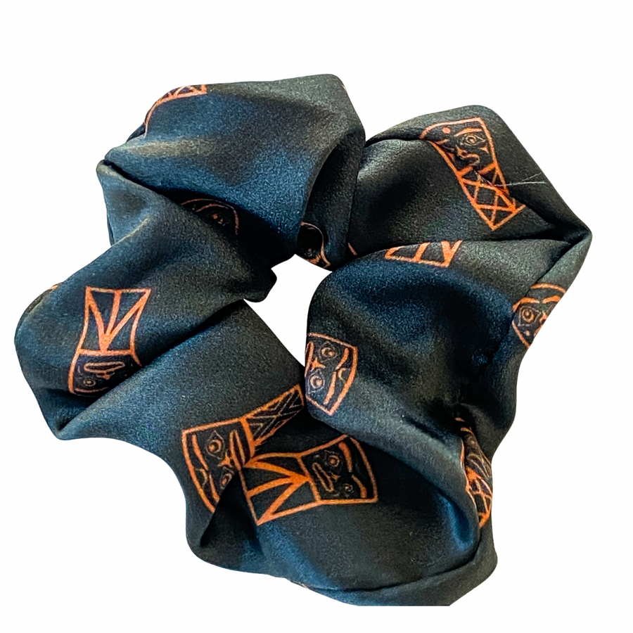 womens scrunchies created by indigenous artist in multi colored grey and orange