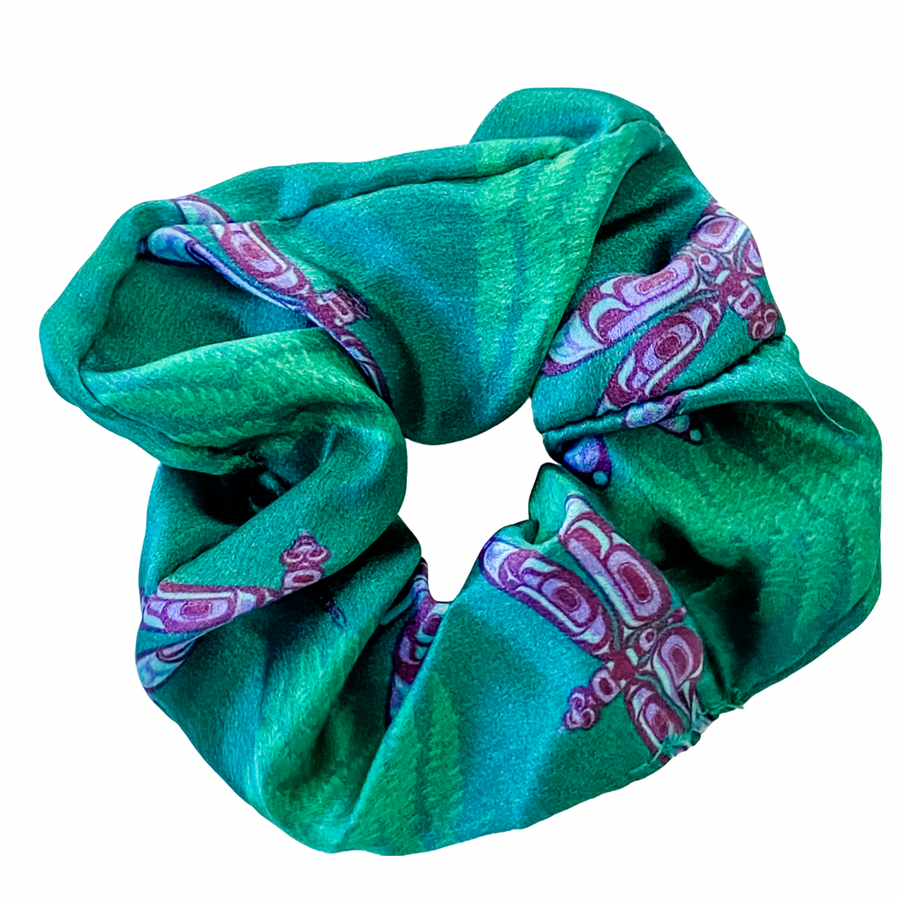 womens scrunchies created by indigenous artist in multi colored green