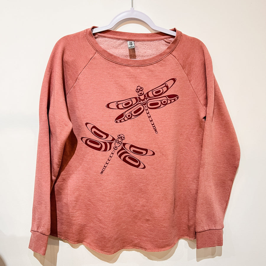 Womens dusty pink crewneck sweatshirt dragonfly design by Native artist Amdy everson. Indigenous apparel. Native fashion