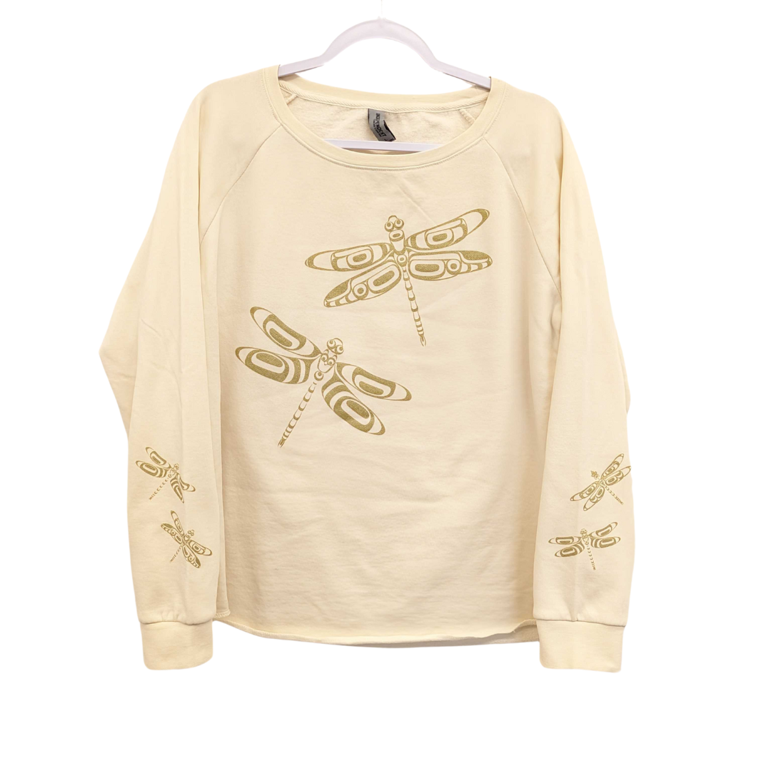 Womens sweatshirt with gold dragonflies on chest and sleeves created by indigenous artist