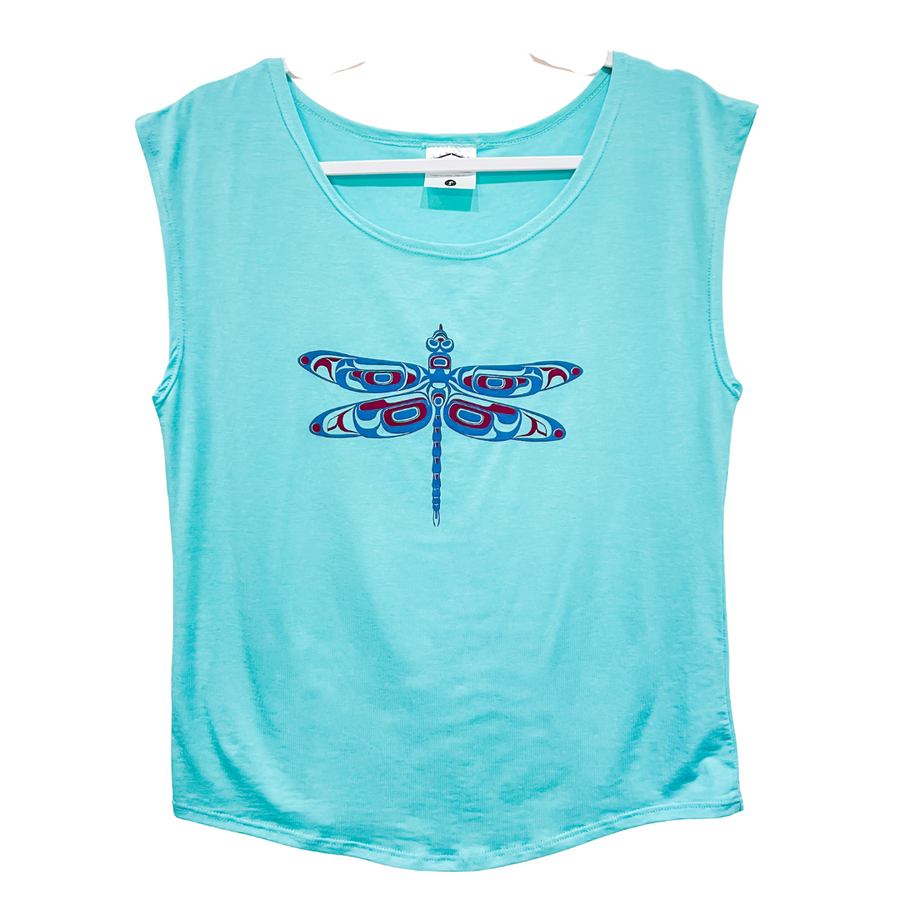 Front view of womens top created by indigenous artist featuring a dragonfly