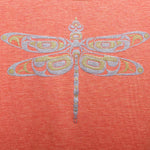 Womens top created by indigenous artist featuring a dragonfly close up