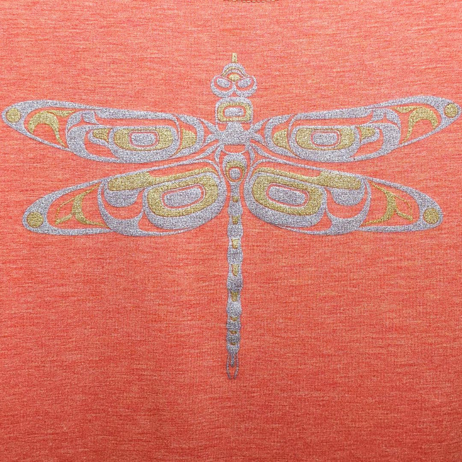 Womens top created by indigenous artist featuring a dragonfly close up