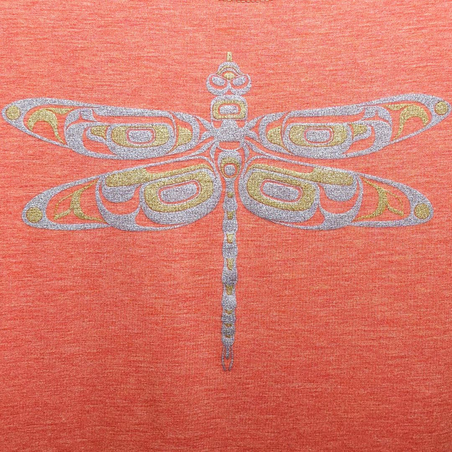 Womens top created by indigenous artist featuring a dragonfly close up