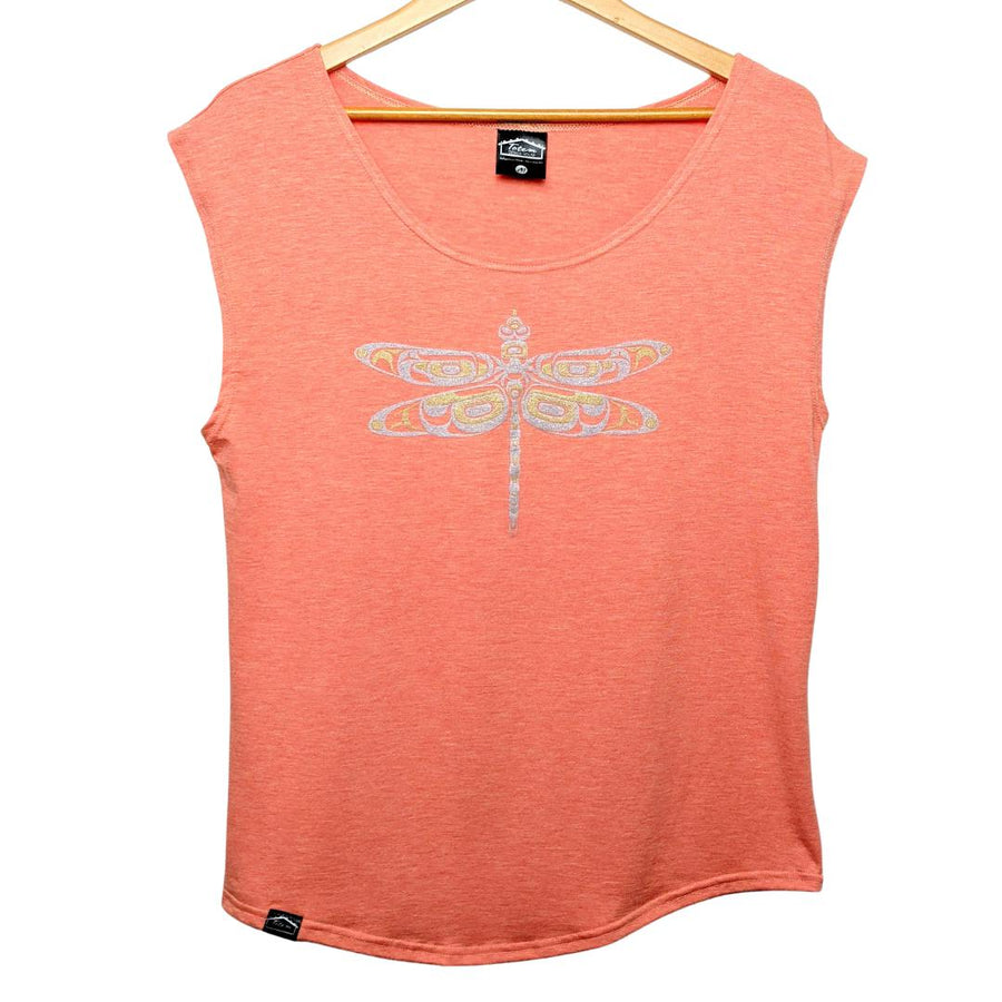 Front view of womens top created by indigenous artist featuring a dragonfly in pink