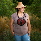 Model wearing womens top created by indigenous artist called idle no more