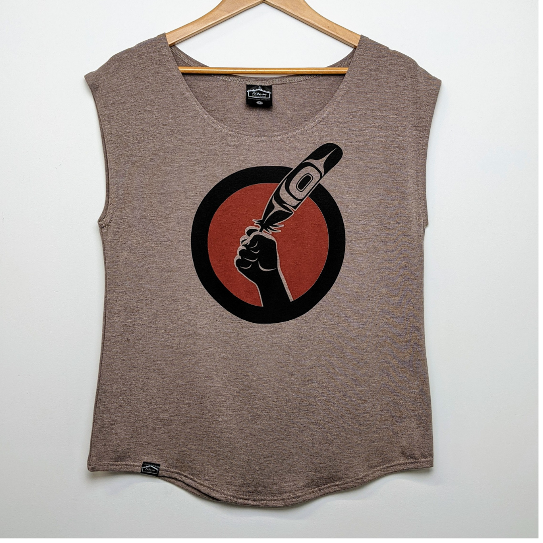 front view of womens top created by indigenous artist called idle no more