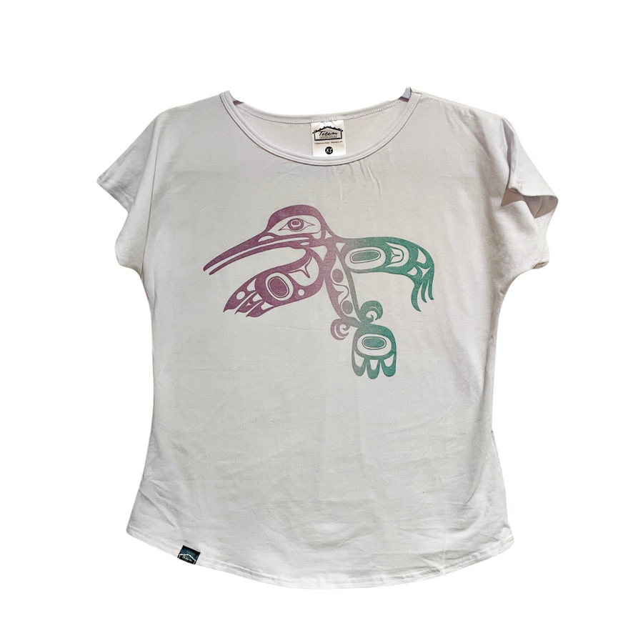 Hummingbird design by Haida artists Jesse Brillon. Limited edition. Eco-friendly bamboo cotton blend womens relaxed fit tee- sewn in Vancouver and hand-printed in our K'omoks Studio