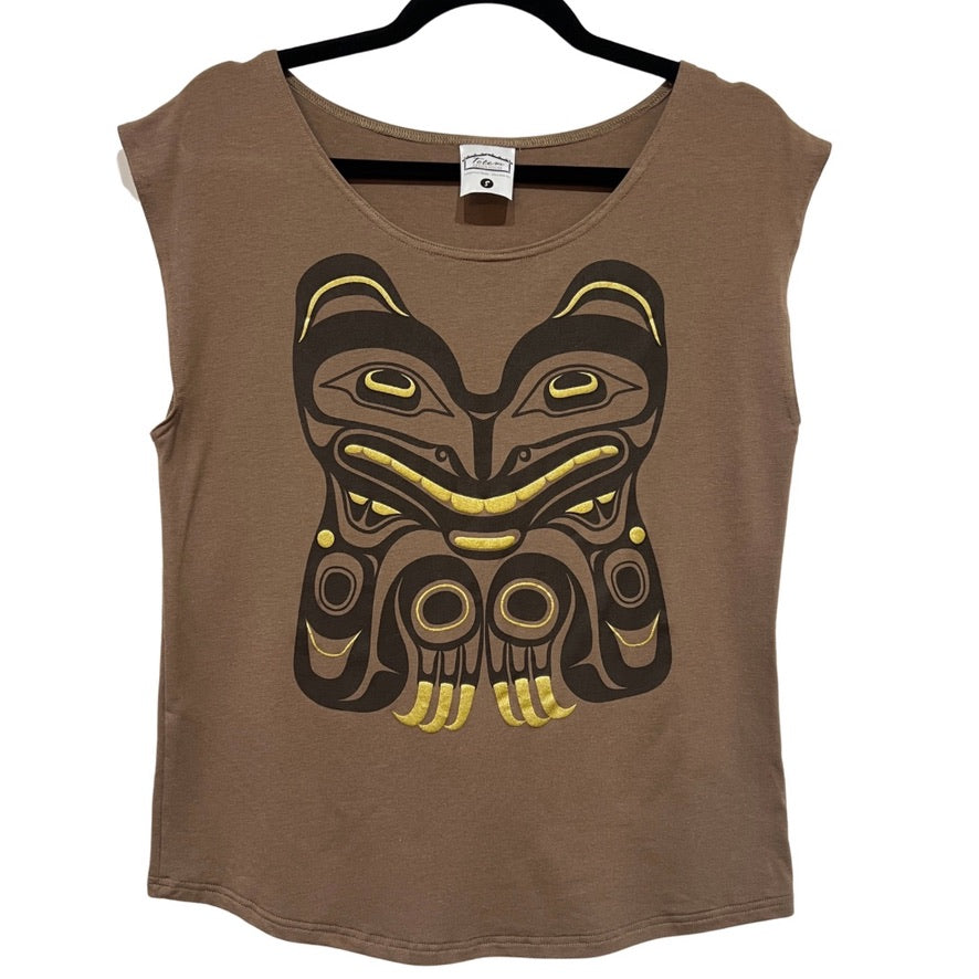 Front view of womens top created by indigenous artist featuring the bear mother