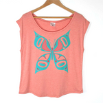 Front view of womens top created by indigenous artist featuring the butterfly