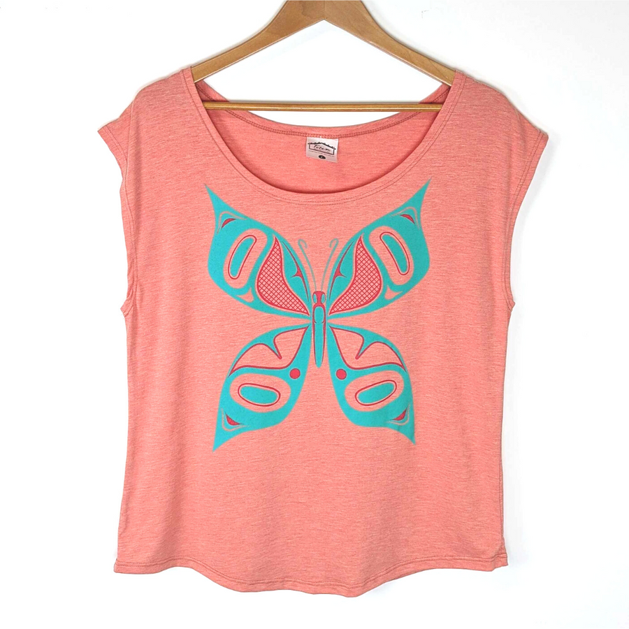 Front view of womens top created by indigenous artist featuring the butterfly