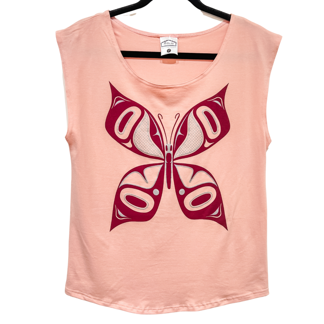Front view of womens top created by indigenous artist featuring the butterfly