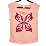 Front view of womens top created by indigenous artist featuring the butterfly