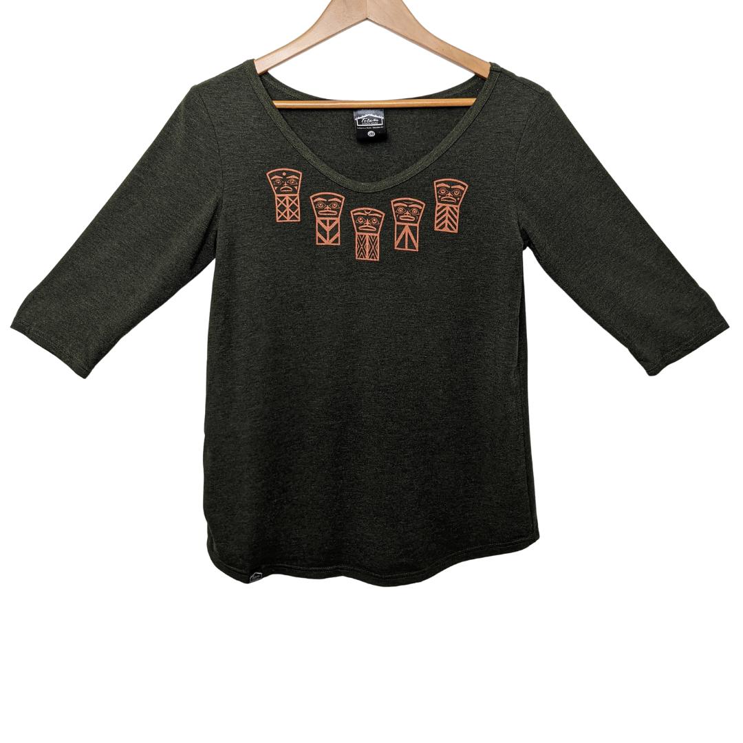 Front view of womens organic cotton top by indigenous artist called coppers