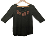 Front view of womens organic cotton top by indigenous artist called coppers