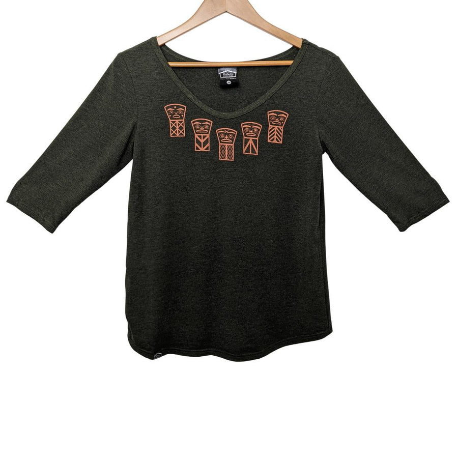 Front view of womens organic cotton top by indigenous artist called coppers