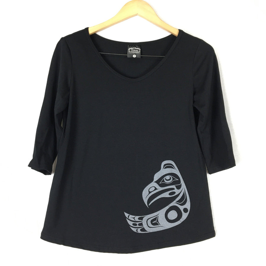 Womens organic cotton top by indigenous artist featuring eagle in black