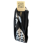Front view of womens hand printed headband by indigenous artist in black