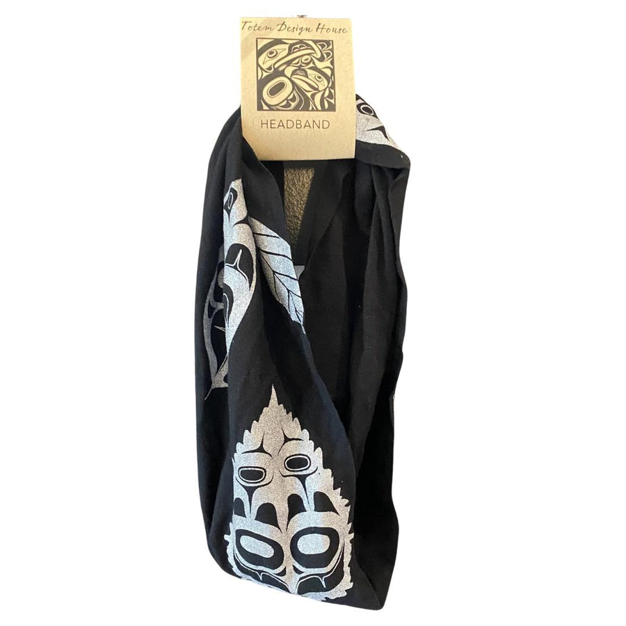Front view of womens hand printed headband by indigenous artist in black